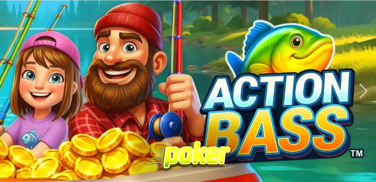 Tampilan visual slot Action Bass dengan tema memancing dan keluarga di tepi danau.